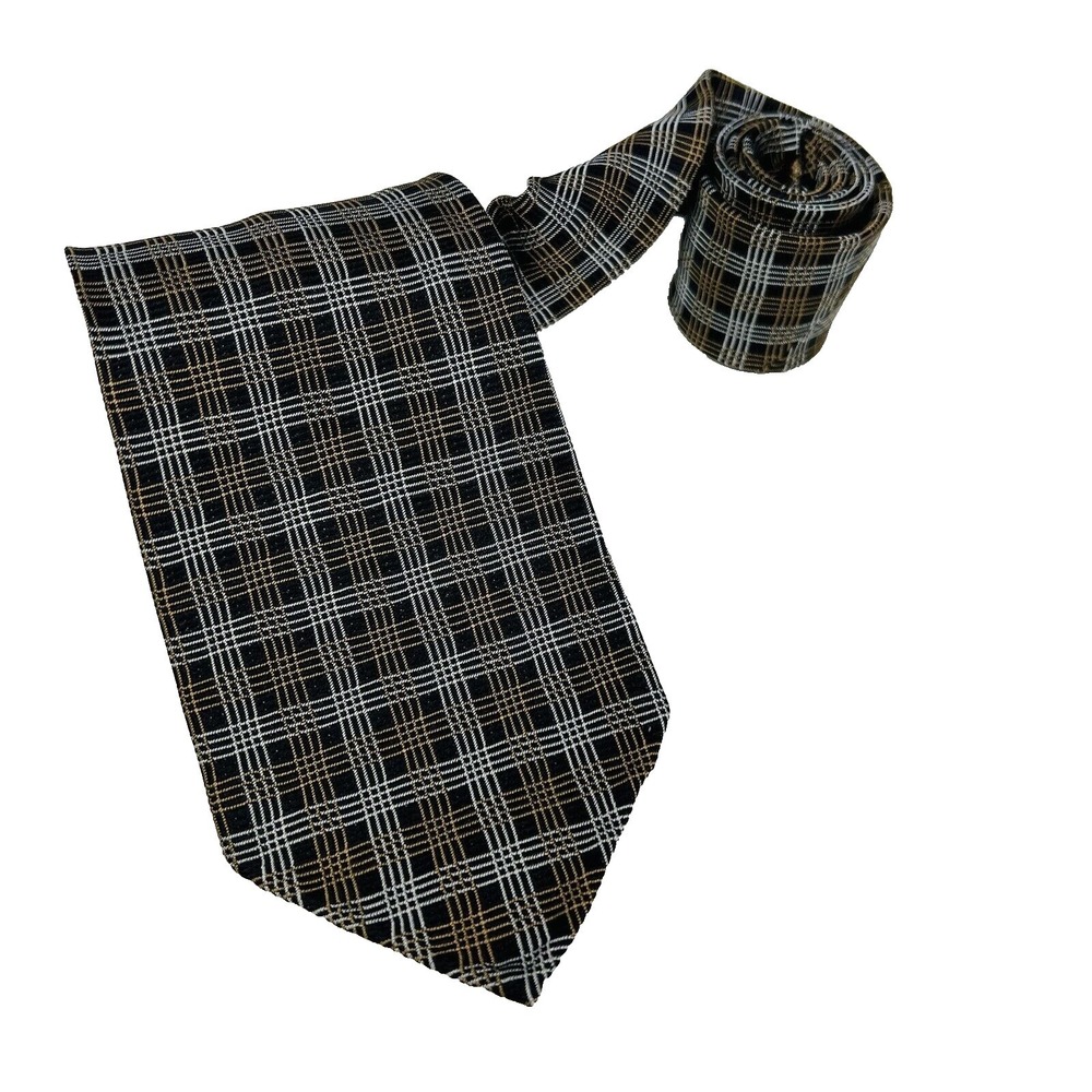 NWOT‎ M. FERRETTI Black w/ Brown Silver Check Pure Silk Necktie 3" Width